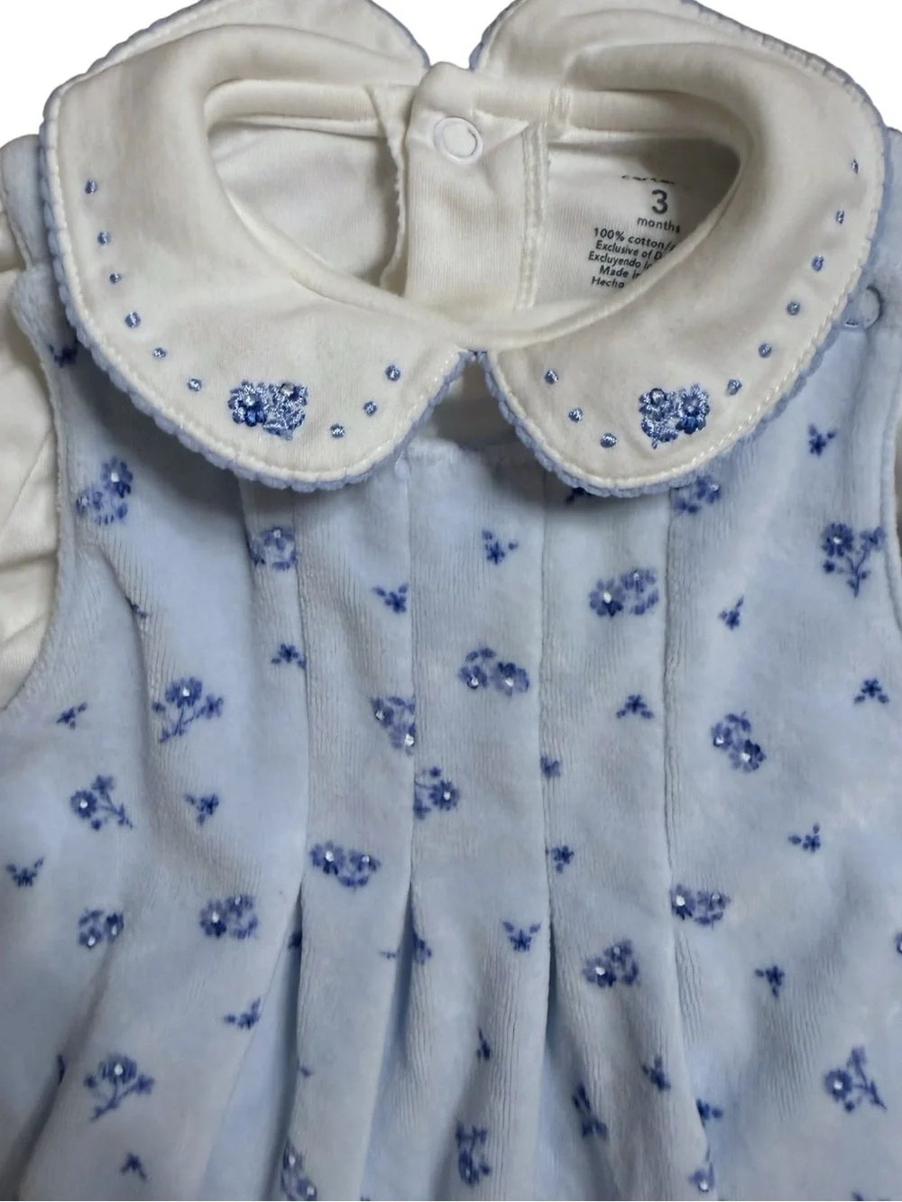 Carter’s Baby Girl 2-Piece Outfit Set Blue Floral Velour Romper & White Top 3M